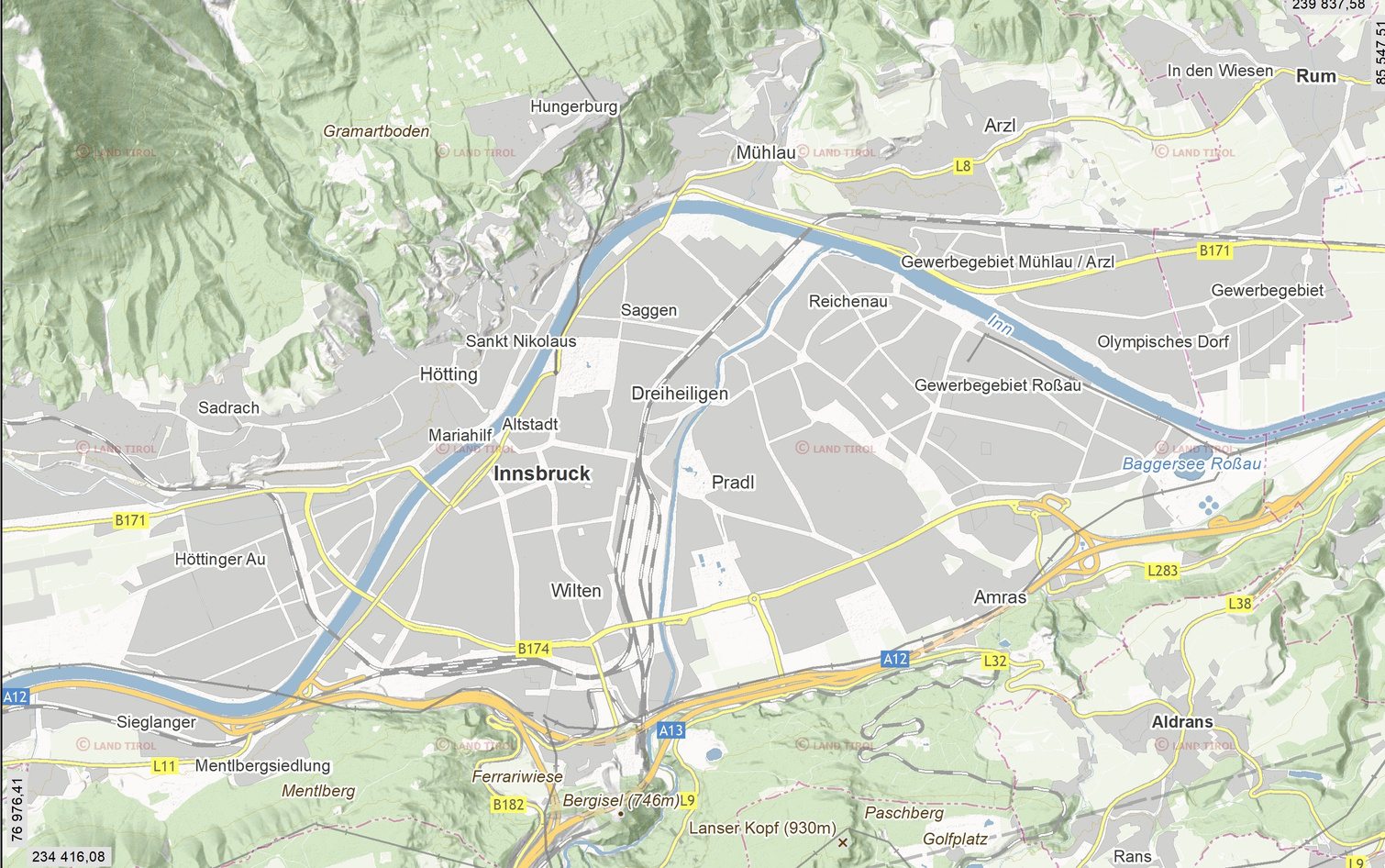 Karte von Innsbruck mit den einzelnen Veranstaltungsorten von Alpha.

